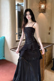 Black Satin Mermaid Straps Long Formal Dress, Black Cute Prom Dress Evening Dress
