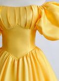 Yellow A-Line Satin Off Shoulder Prom Dress, Yellow Evening Dress