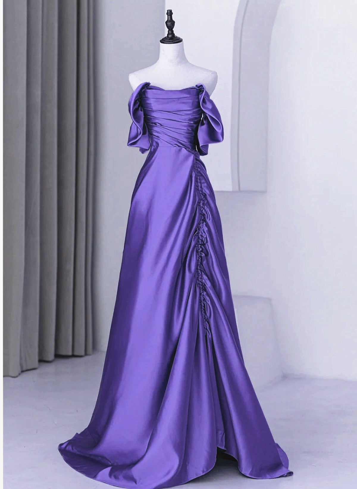 Beautiful Purple Satin Off Shoulder Formal Dress, Purple Satin Evening Dress Prom Dress