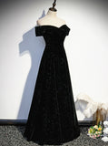 Simple Black Sweetheart Off Shoulder Long Velvet Prom Dress, Black Evening Dress