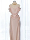 Pink Chic Satin Off Shoulder Long Party Dress, Pink Satin Evening Dress Prom Dress