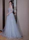 Lovely Blue Tulle Off Shoulder Beaded Party Dress, A-Line Tulle Blue Wedding Party Dress