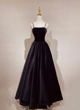 Black Velvet Floor-Length Prom Dress, Pearls Spaghetti Straps Long Party Dress