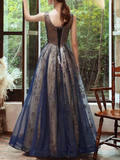 Elegant Navy Blue V-neckline Lace Long Party Dress, Navy Blue Wedding Party Dress