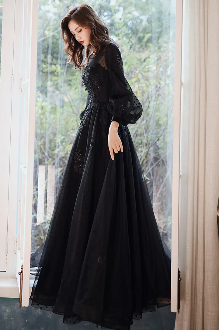 Puffy  Long Sleeves Tulle With Lace Long Evening Dress, A-Line Back Long Prom DressPuffy  Long Sleeves Tulle With Lace Long Evening Dress, A-Line Back Long Prom Dress