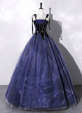 Blue Tulle And Velvet Long Prom Dress, A-Line Straps Evening Party Dress