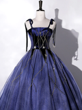 Blue Tulle And Velvet Long Prom Dress, A-Line Straps Evening Party Dress