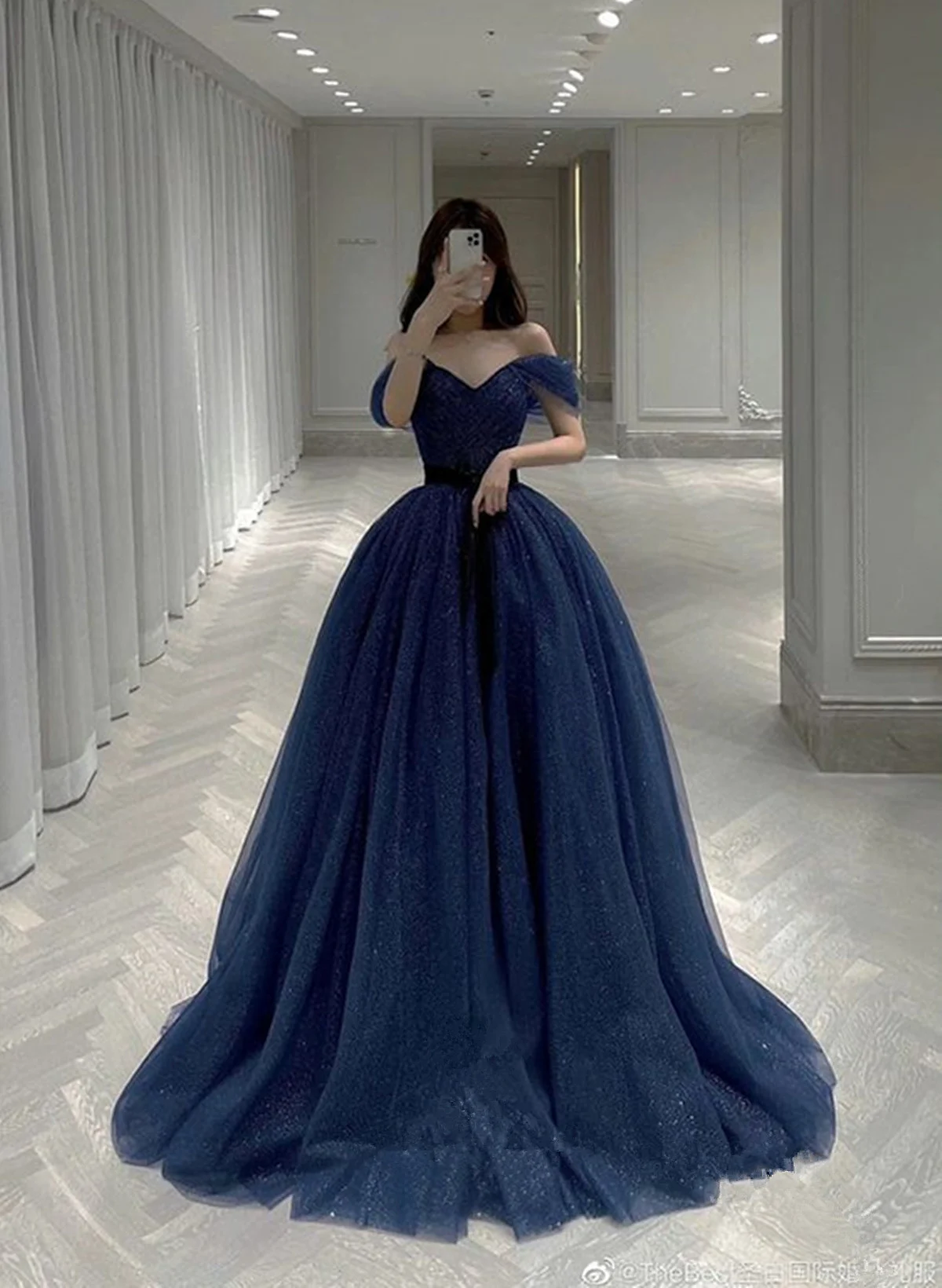 Navy Blue Sweetheart Off Shoulder Formal Dress, Blue Prom Dress Evening Dress