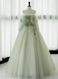 Light Green Off Shoulder Tulle with Lace Long Formal Dress, Light Green A-line Prom Dress