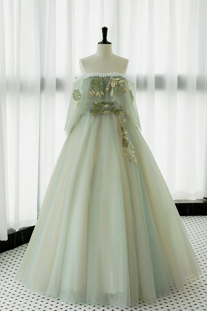 Light Green Off Shoulder Tulle with Lace Long Formal Dress, Light Green A-line Prom Dress