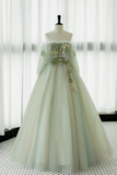 Light Green Off Shoulder Tulle with Lace Long Formal Dress, Light Green A-line Prom Dress