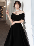 Black Velvet Tea Length Black Off Shoulder Party Dress, Black Short Wedding Prom Dress