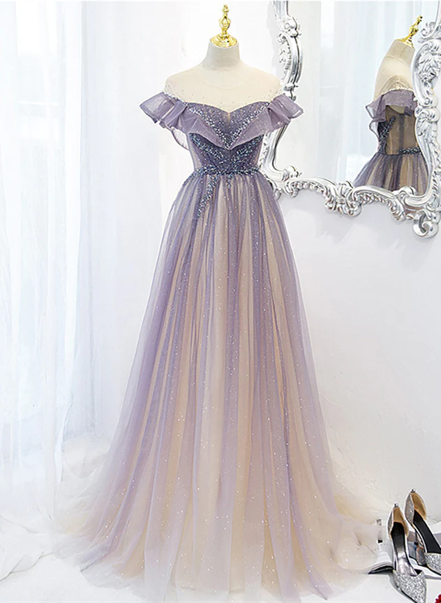 Purple Gradient A-line Beaded Tulle Long Prom Dress, Floor Length Purple Evening Dress