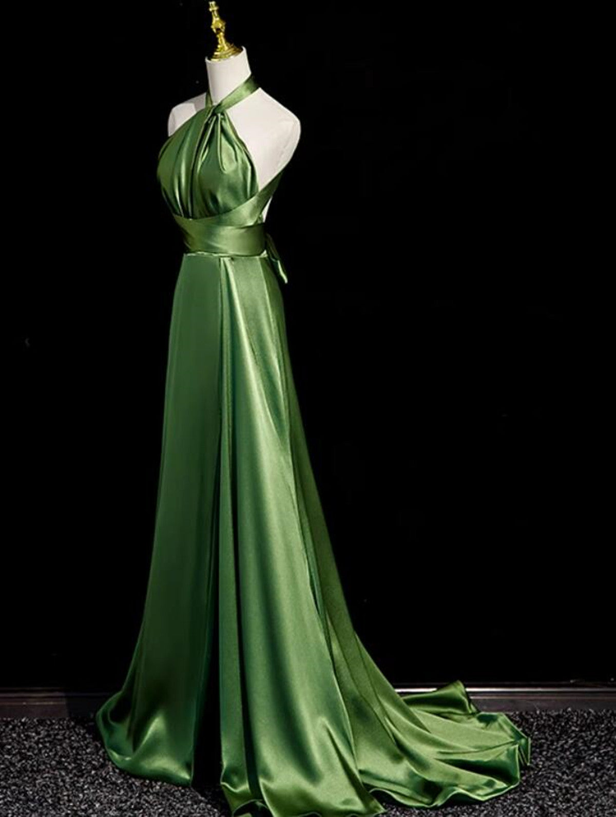 Green Halter Satin Long Wedding Party Dress, Green Evening Dress Prom Dress