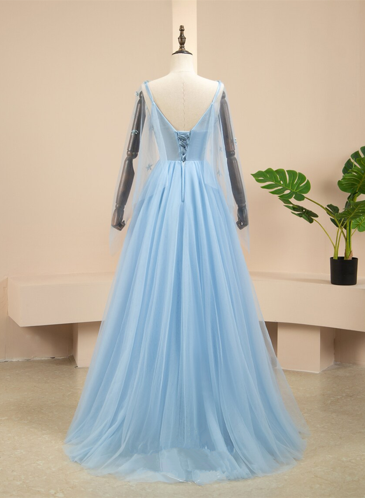 Pretty Light Blue A-line Puffy Sleeves Party Dress, Light Blue Evening