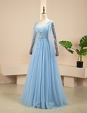 Pretty Light Blue A-line Puffy Sleeves Party Dress, Light Blue Evening Dress Prom Dress