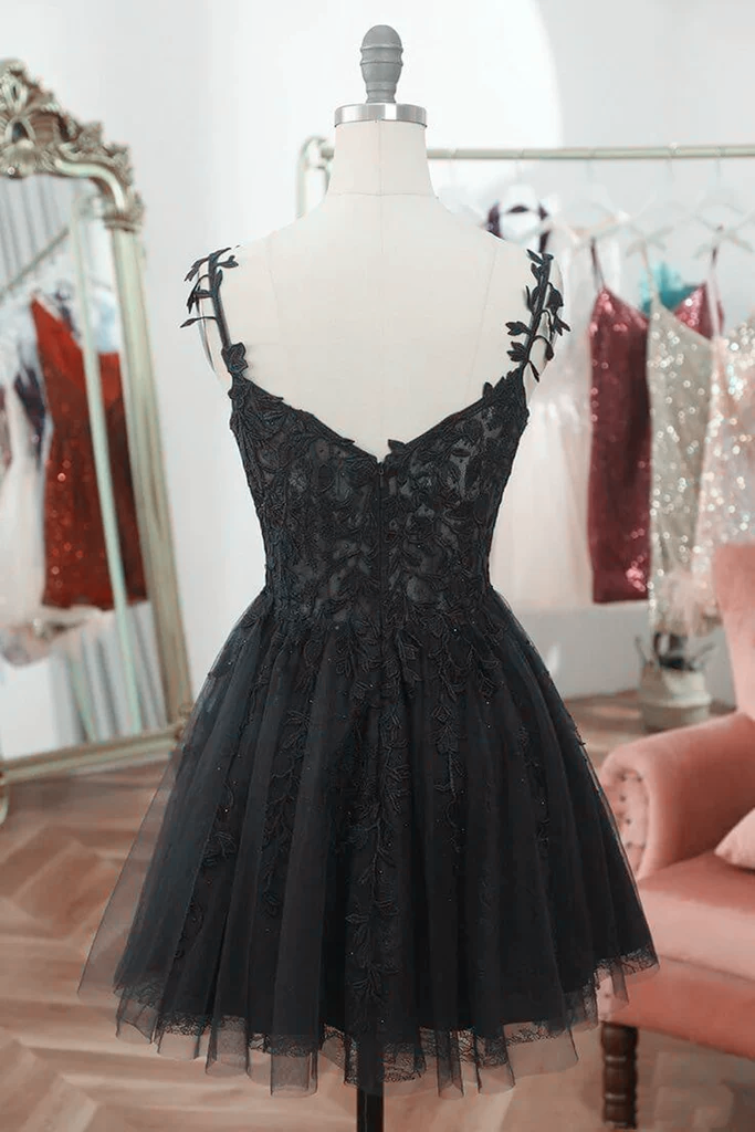 Black V Neck Beaded Tulle and Lace Prom Dress, Cute Black Homecoming Dress