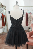 Black V Neck Beaded Tulle and Lace Prom Dress, Cute Black Homecoming Dress