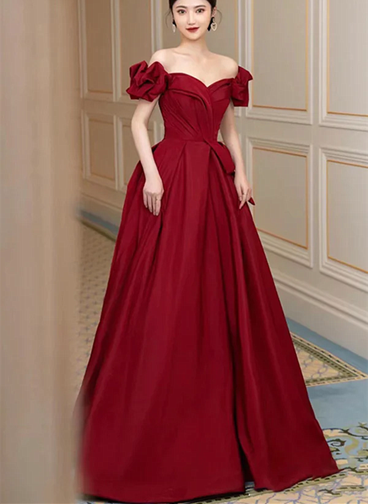 Wine Red Satin Off Shoulder Sweetheart Long Evening Dress, Wine Red A-line Prom Dress