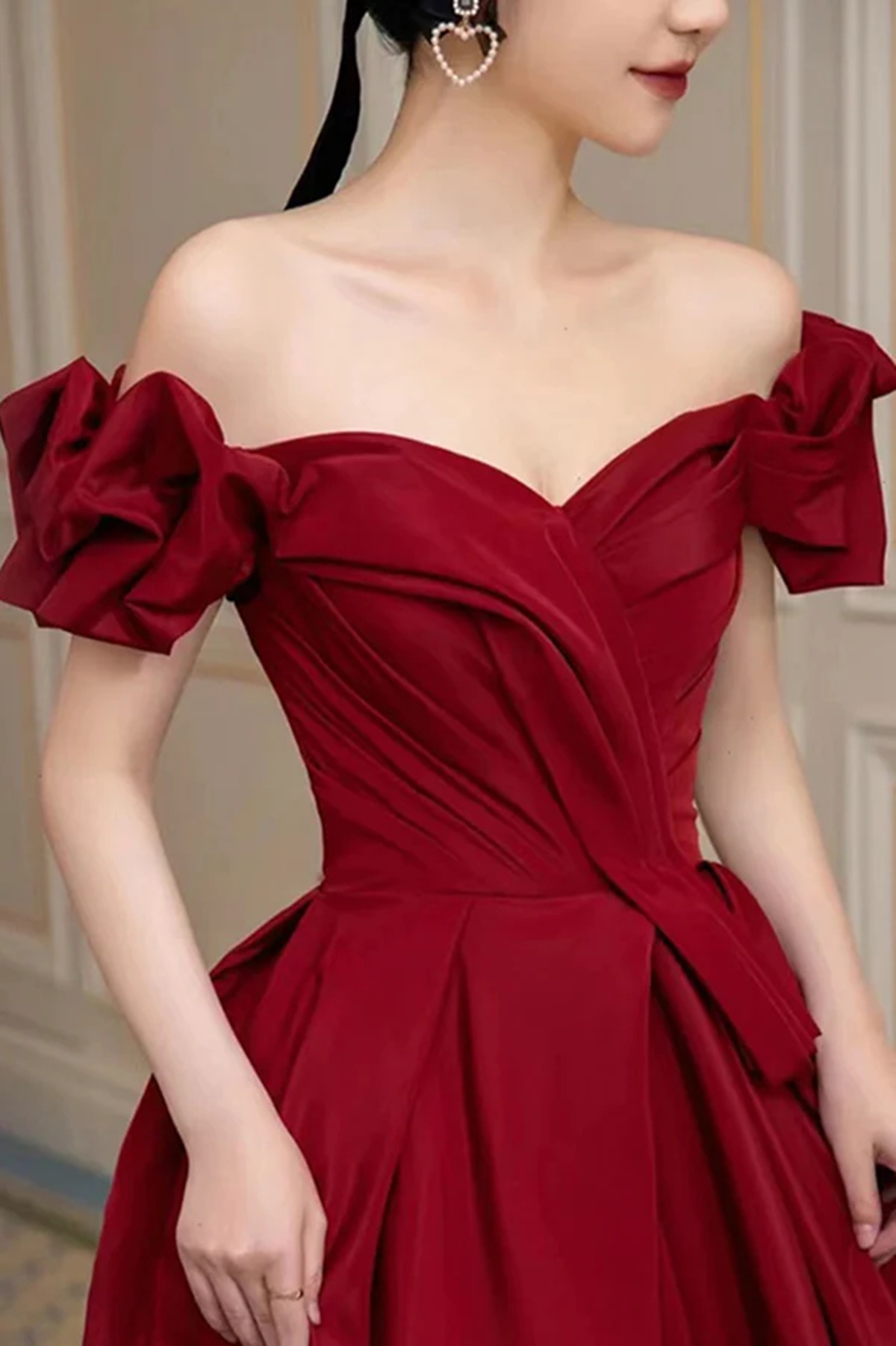 Wine Red Satin Off Shoulder Sweetheart Long Evening Dress, Wine Red A-line Prom Dress