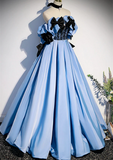 Blue Satin Off Shoulder with Bow Long Party Dress, Blue Satin Prom Dress Evening Dress