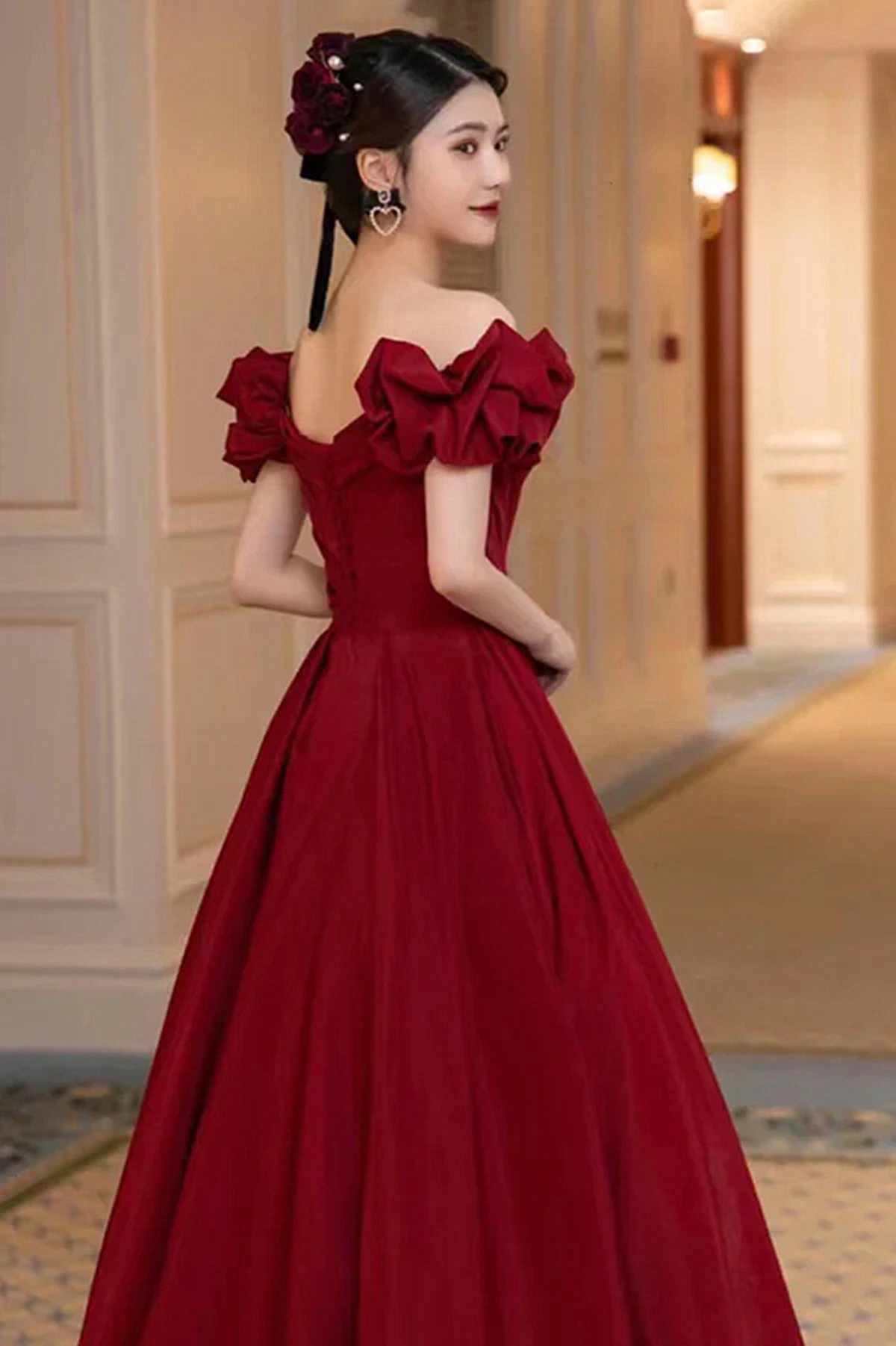 Wine Red Satin Off Shoulder Sweetheart Long Evening Dress, Wine Red A-line Prom Dress