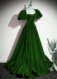 Green A-line Velvet Backless Long Party Dress, Green Short Sleeves Formal Dress Prom Dress