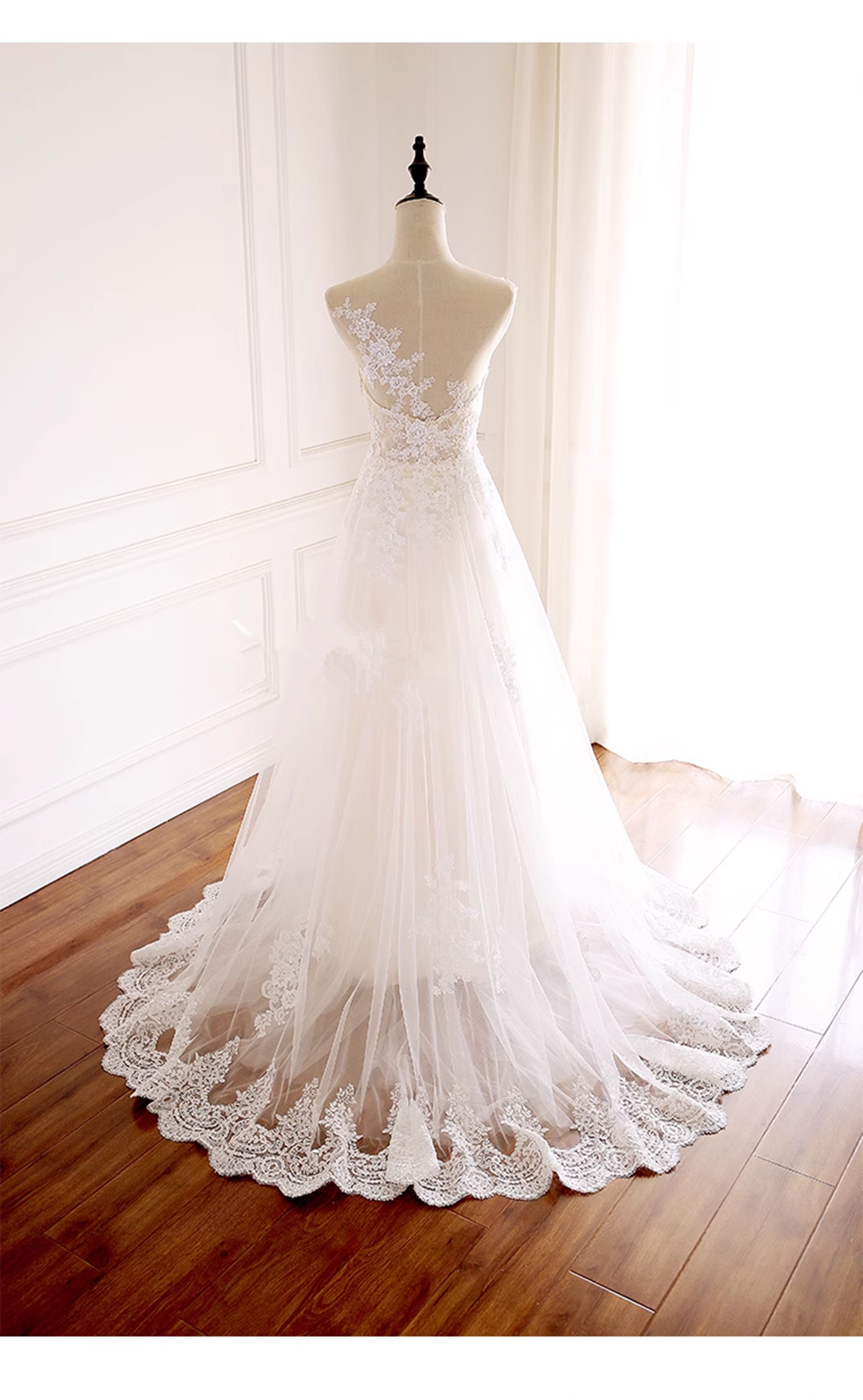 Ivory Tulle with Lace Round Neckline Long Wedding Party Dress, Ivory Tulle Prom Dress