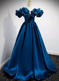 Blue Satin Long Off Shoulder A-line Prom Dress, Blue Sweetheart Evening Dress