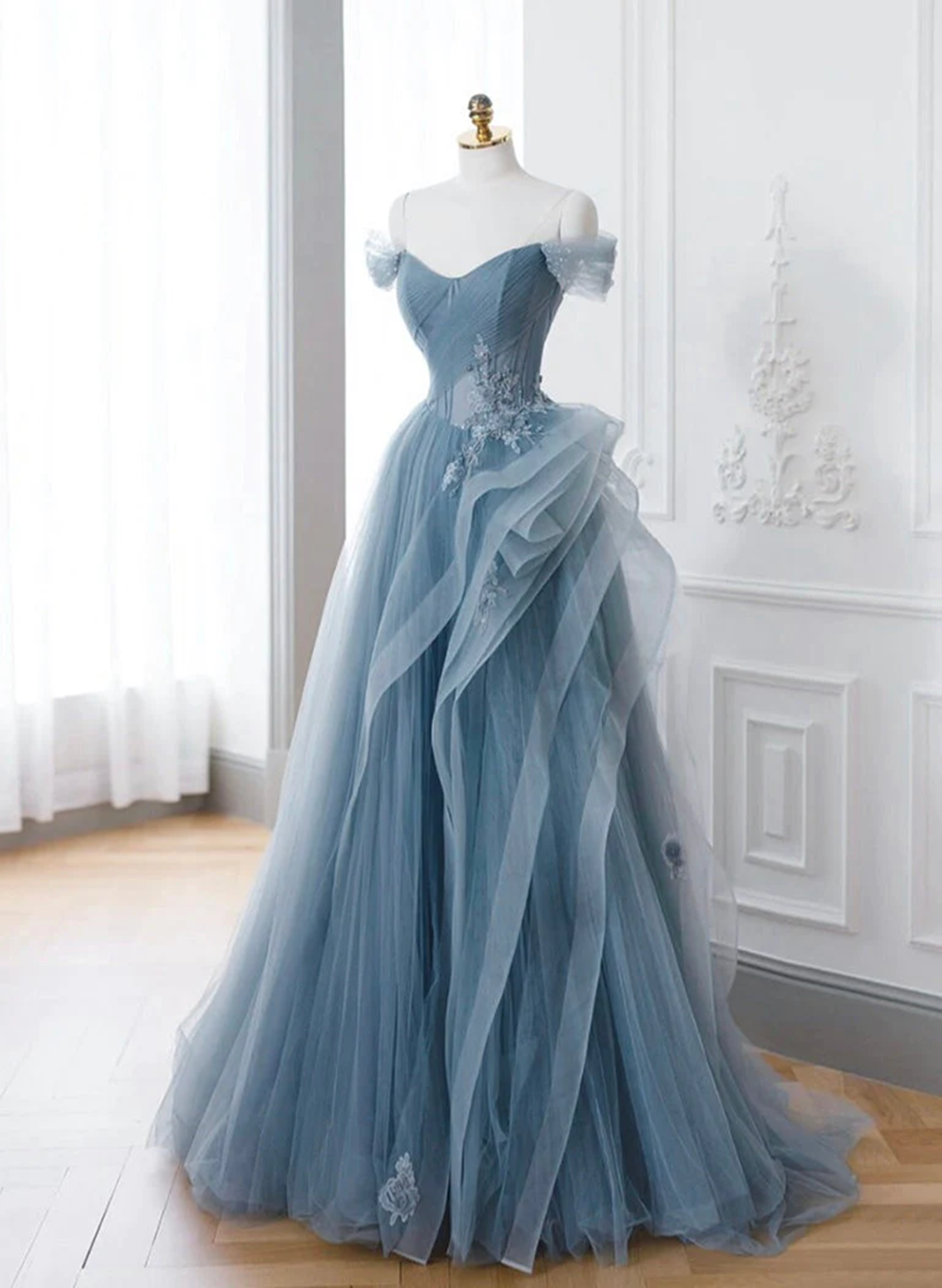 Blue Sweetheart Tulle Layers Long Formal Dress, Blue Long Party Dress Prom Dress