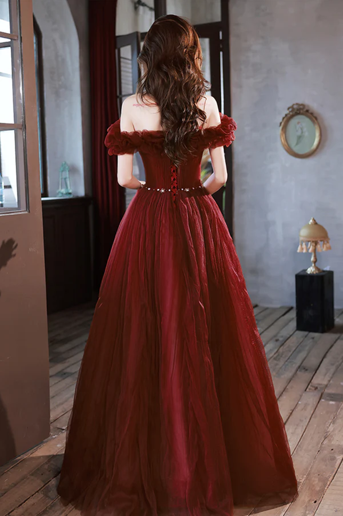 Off Shoulder A-line Tulle Long Party Dress, Wine Red Long Formal Dress Prom Dress