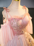 Pink Tulle Off Shoulder Beaded A-line Prom Dress, Pink Tulle Long Party Dress