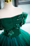 Green Off Shouldr Ball Gown Flowers Tulle Formal Dress, Green Floor Length Party Dress