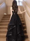 Black V-neckline Tulle and Sequins Long Party Dress, Black Evening Dress Party Dress