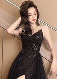 Black V-neckline Tulle and Sequins Long Party Dress, Black Evening Dress Party Dress