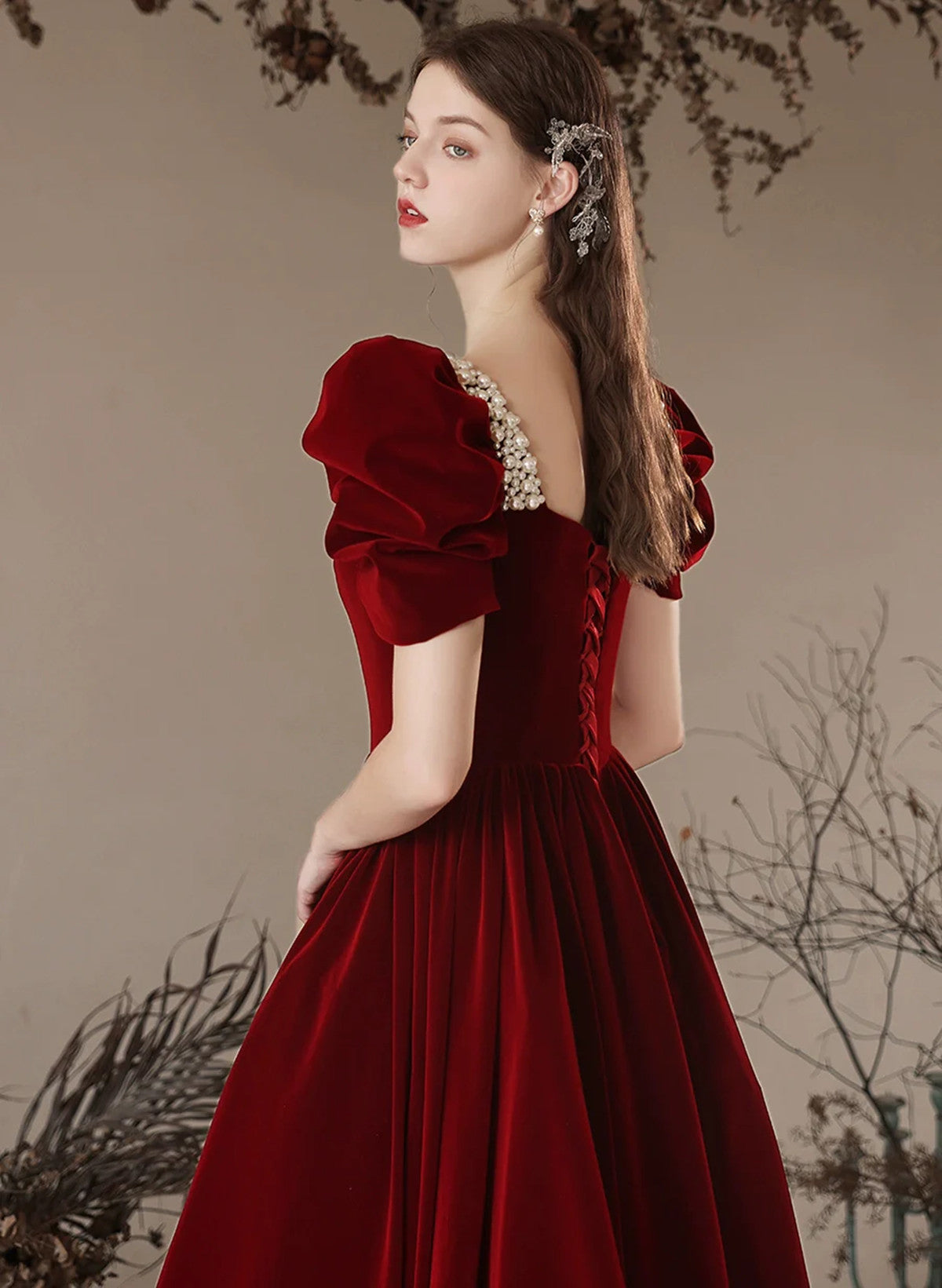 Wine Red A-Line Velvet Beads Long Prom Dress, Wine Red Evening Dress Party Dress