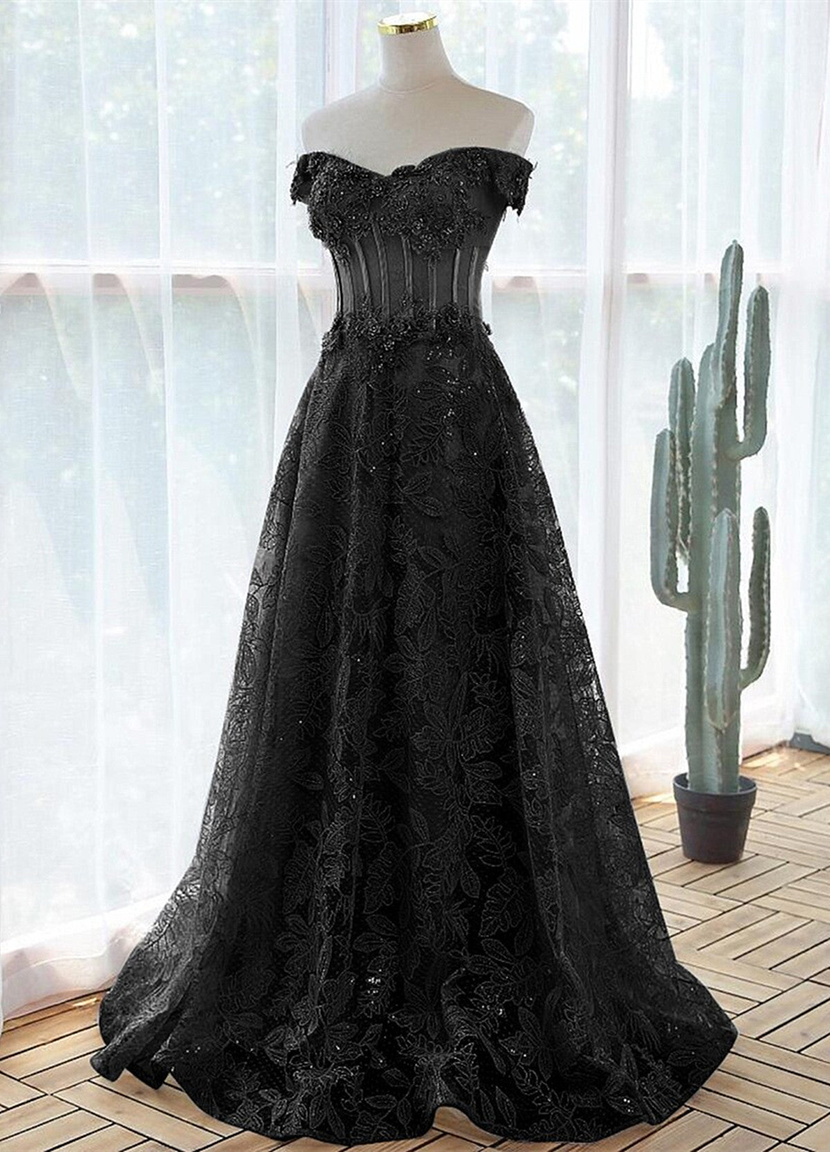 A-line Black Off Shoulder Long Lace Party Dress, Off Shoulder Prom Dre