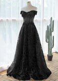 A-line Black Off Shoulder Long Lace Party Dress, Off Shoulder Prom Dress