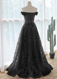 A-line Black Off Shoulder Long Lace Party Dress, Off Shoulder Prom Dress