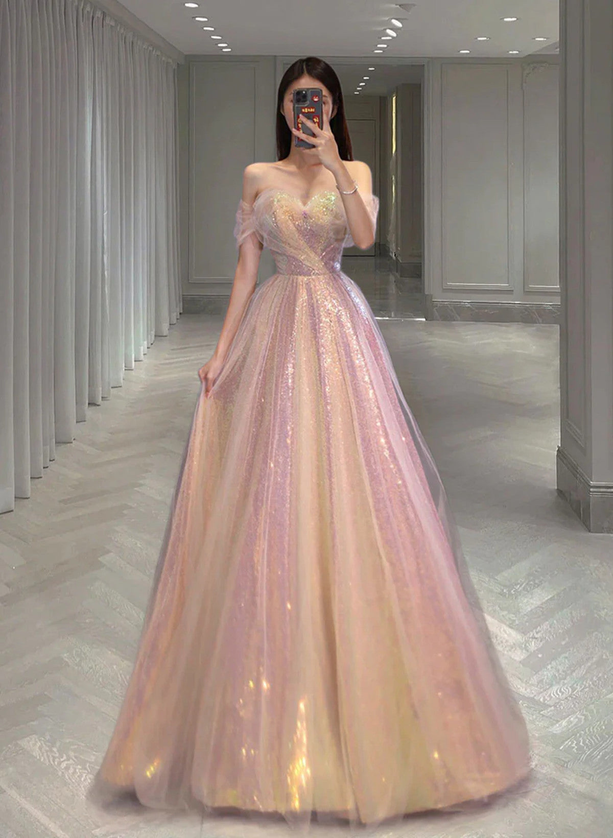 A-line Sequins Pink Sweetheart Long Formal Dress, Pink Sequins Prom Dress