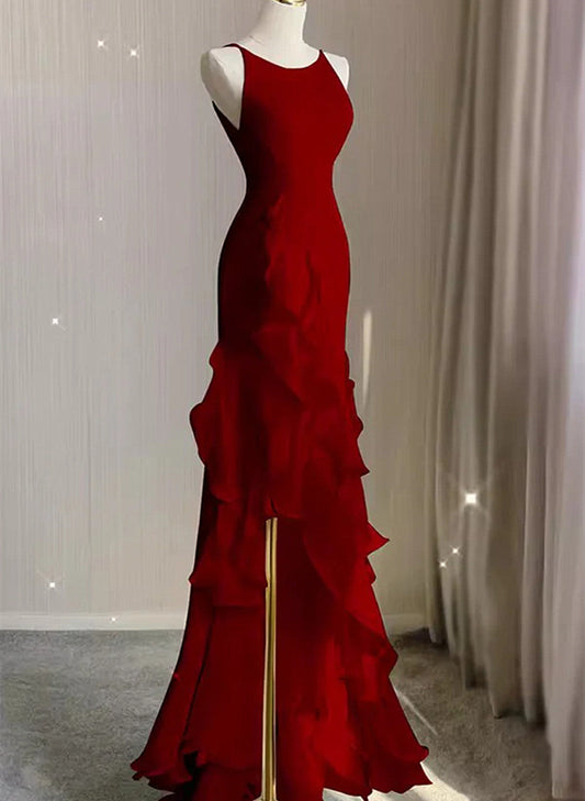 Wine Red Long Round Neckline Low Back, Wine Red Evening Dress Prom Dress