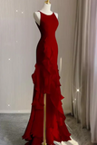 Wine Red Long Round Neckline Low Back, Wine Red Evening Dress Prom Dress