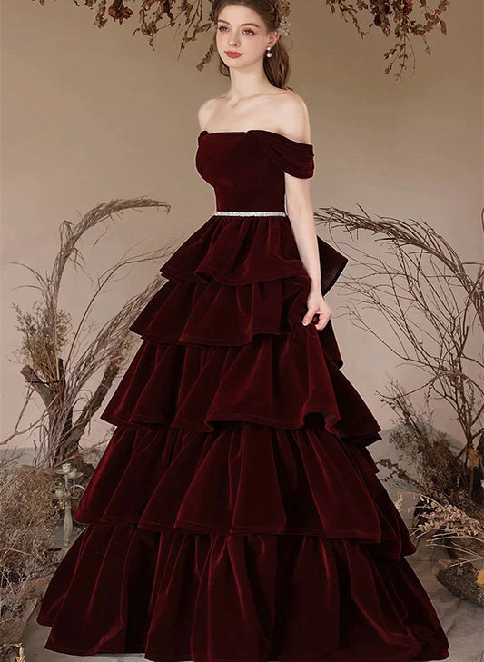 Wine Red Layers Velvet Off Shoulder Prom Dress, Wine Red Party Dress