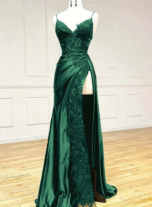 Dark Green Satin with Lace Long Party Dress, Green Straps Prom Dress