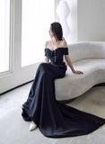 Elegant Black Off Shoulder Long Formal Gown, Black Satin Prom Dress Party Dress