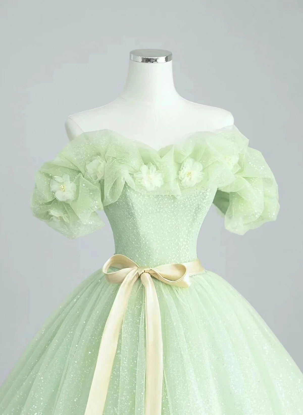 Cute Green Tulle Ball Gown Sweetheart Party Dress, Green Shiny Tulle Prom Dress