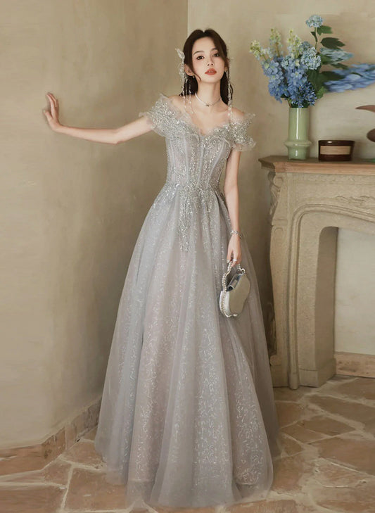 A-line Grey Shiny Tulle Off Shoulder Party Dress, Grey Beaded Prom Dress Evening Dress