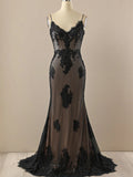 Black Mermaid Lace Straps Evening Dress Party Dress, Black Long Prom Dress