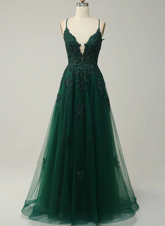 Green V-neckline Tulle with Lace Cross Back, Green Tulle Prom Dress