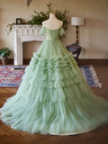 Green Sweetheart Tulle Off Shoulder Layers Long Formal Dress, Green Sweet 16 Dress